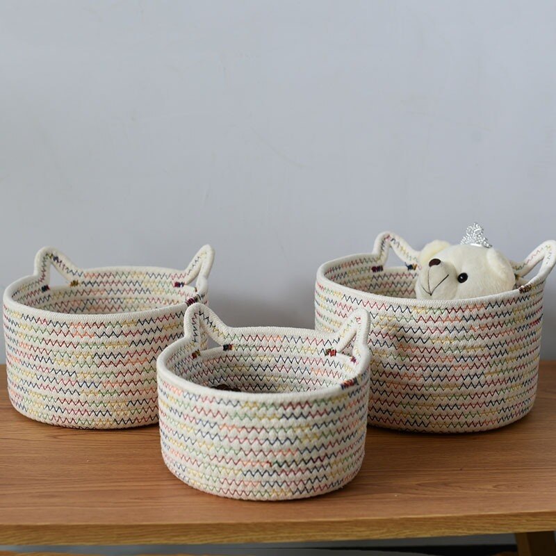 Box Fabric Office Storage Basket Decorative Accessories Cat Ear Desktop Hand-woven Cotton Rope Key Sundries Snack Basket