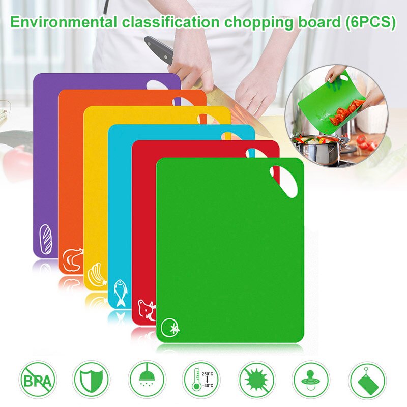 6 Pcs Flexible Plastic Cutting Board Mats Set Colored Kitchen Mats with Food Icons Easy Grip Handles E2S