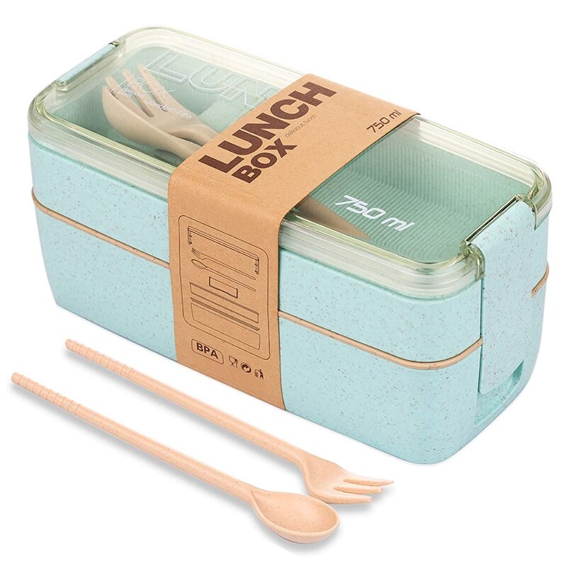 Tarwe Stro Milieubescherming Compartiment Lunchbox Met Bestek Japanse Double-Layer Lunchbox