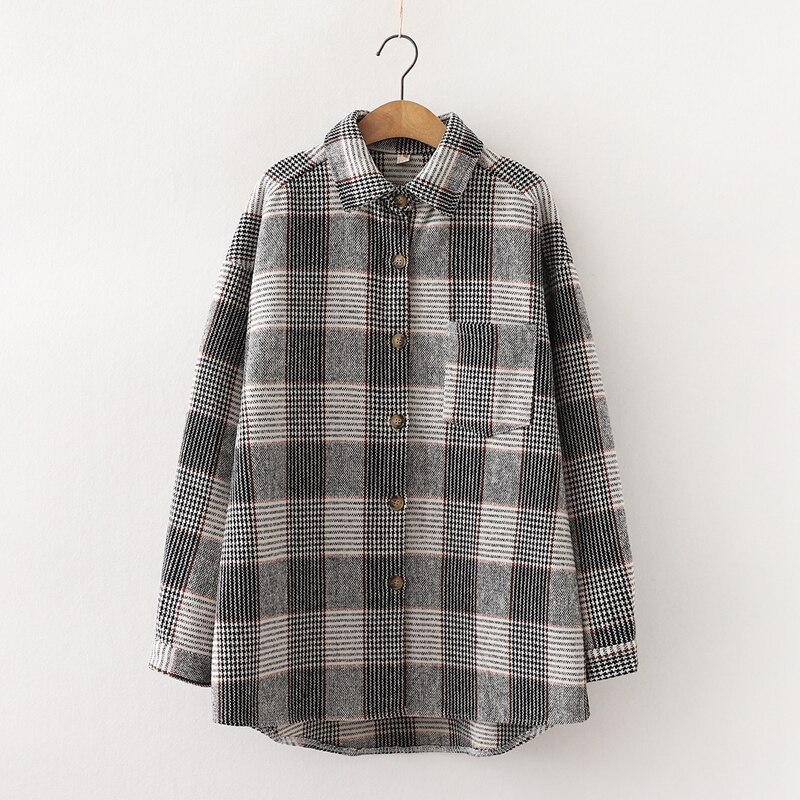 Tangada naisten ylisuuri ruudullinen poikaystävä tyyli paksu paitapusero pitkähihainen tyylikäs naisten vapaat topit bao 27: Harmaa / M