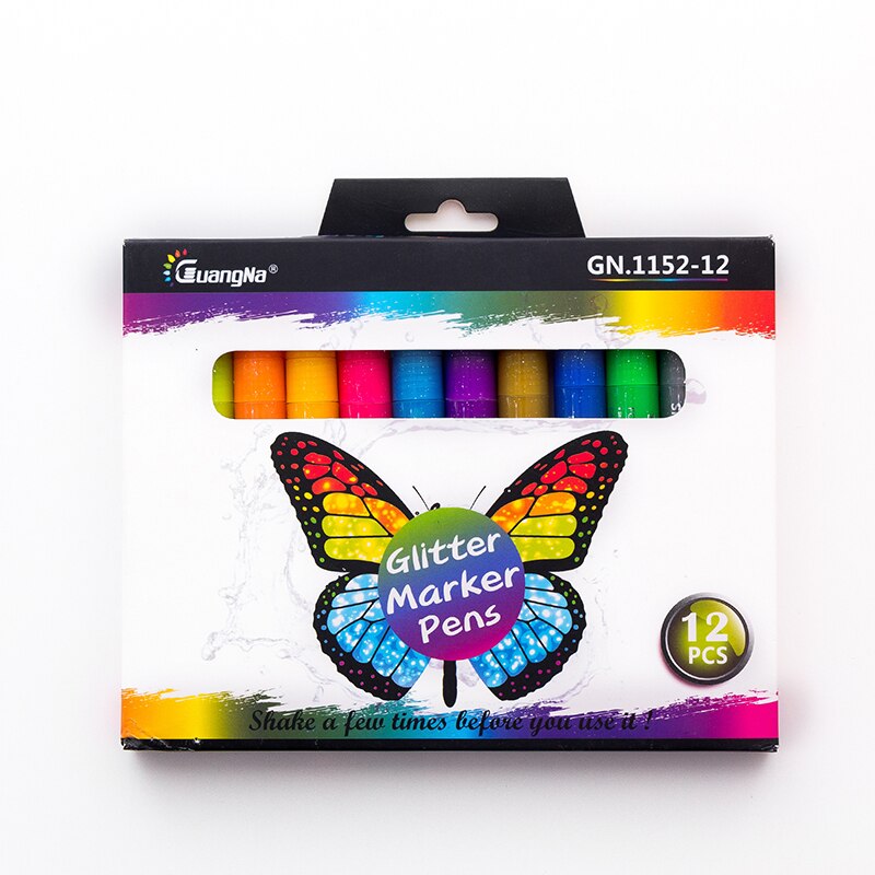 12 Kleur Glitter Marker Pen 3Mm Schrijven Pigment Inkt Waterbasis Niet Giftig Tekening Kunst School Supplies 1152-12