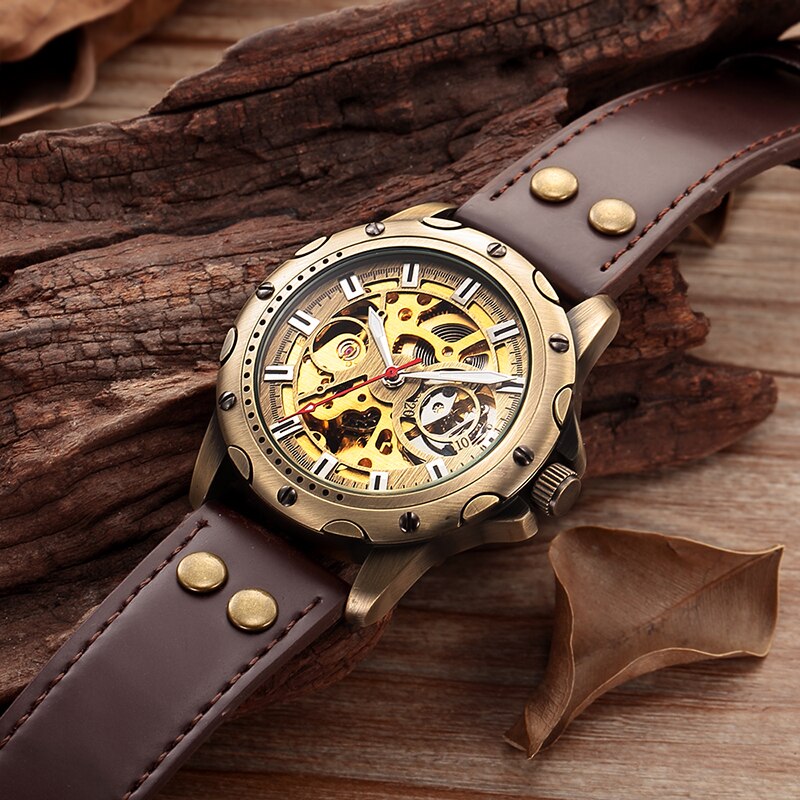 Horloge Mannen Mechanische Automatische Horloge Steampunk Skeleton Self Kronkelende Heren Horloge Retro Lederen Horloge Mannelijke Klok Montre Homme