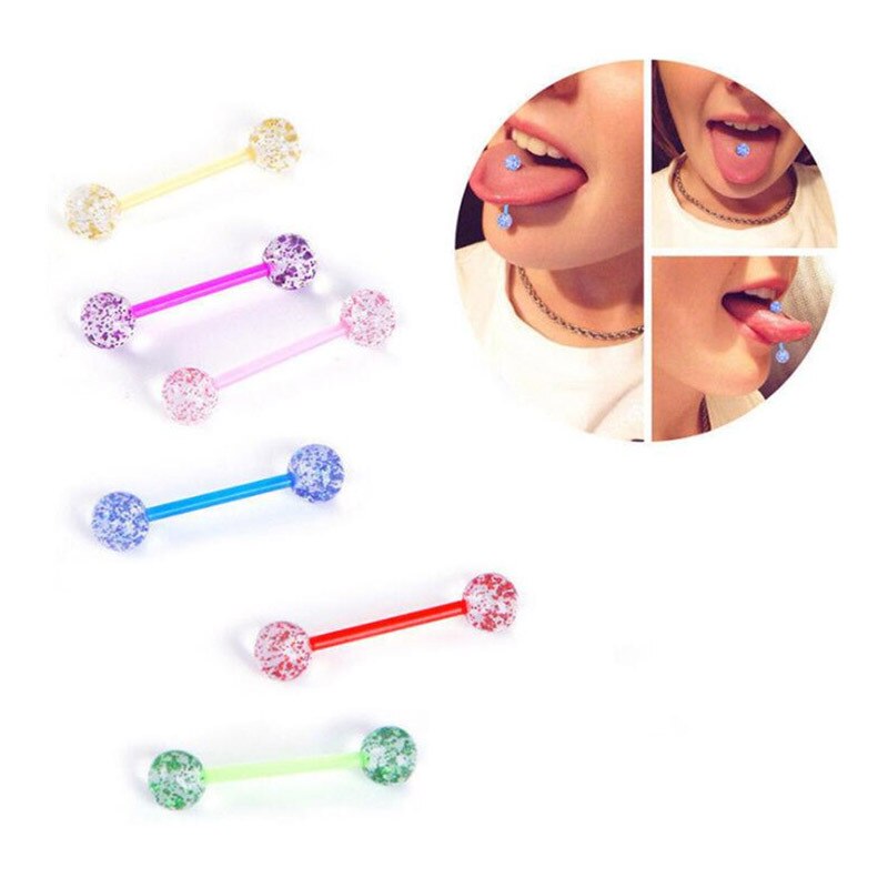 8pcs/lot Soft Acrylic Barbell Sex Tongue Piercing Tongue Rings Flashing Powder Plastic Nipple Ring Ear Body Jewelry