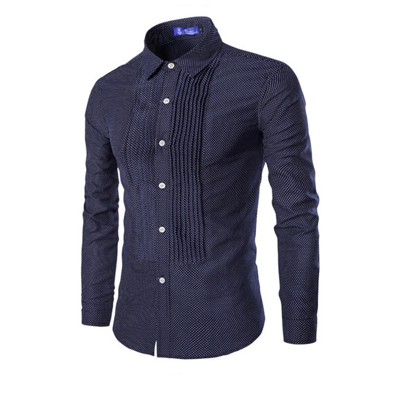 Höst, plisserade prickiga skjortor för män, långärmade, slim fit, affärsfestskjortor för män, pricktryckt skjorta m -2xl: Marinblå / M