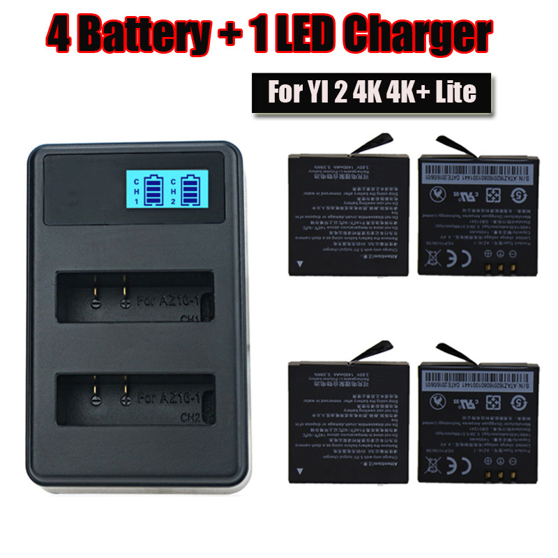 xiaoyi 2 4k,yi lite Charger For Lithium Battery + LCD Smart Battery For Original Xiaomi Yi 4k 4k+ YI Lite 360 Action Camera: 1 Charger 4 Battery