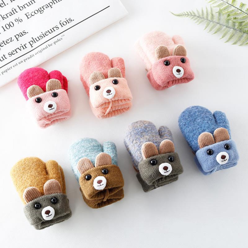 Kids Gloves 0-3 Years Cute Cartoon Bear Baby Boys Girls Gloves Winter Knit Wool Newborn Warm Mittens Velvet Thick Children