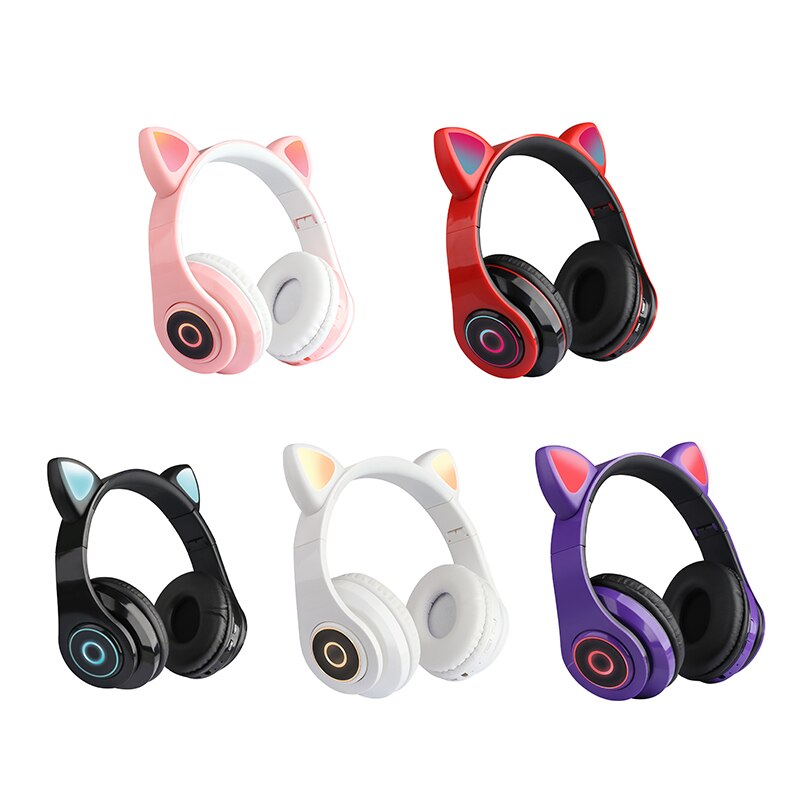 Auriculares inalámbricos con Bluetooth y micrófono para chica, cascos con orejas de gato, luz Flash, Decoración LED, estéreo, música, teléfono,