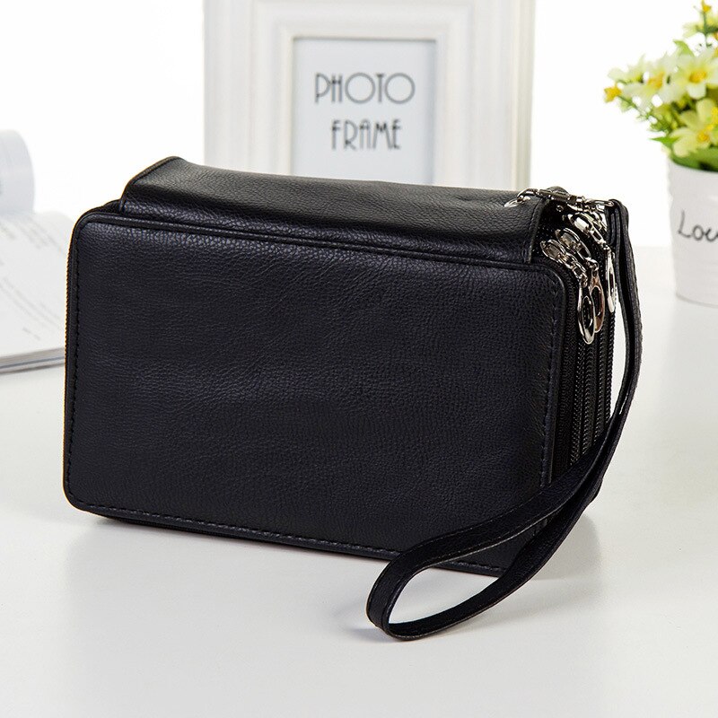 Zipper large-capacity PU leather pencil bag student 4-layer 72 color pencils box pouch material escolar school pencil case: Black