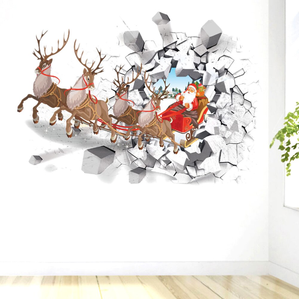 Christmas Wall Stickers 3D Santa Claus Reindeer Car Removable Wall Decals for Bedroom Living Room Restaurant Office Dec