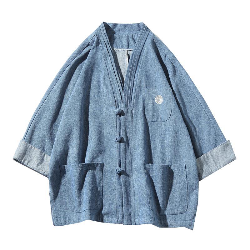 M-5xl koreaanse stijl plus size denim overhemd heren kraagloos chinees traditioneel zakken 3/4 mouwen vintage jeans overhemden xxxxl