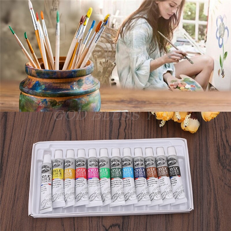 6 ML 12 Color Acrylic Paint Watercolor Set Hand Wall Painting Brush
