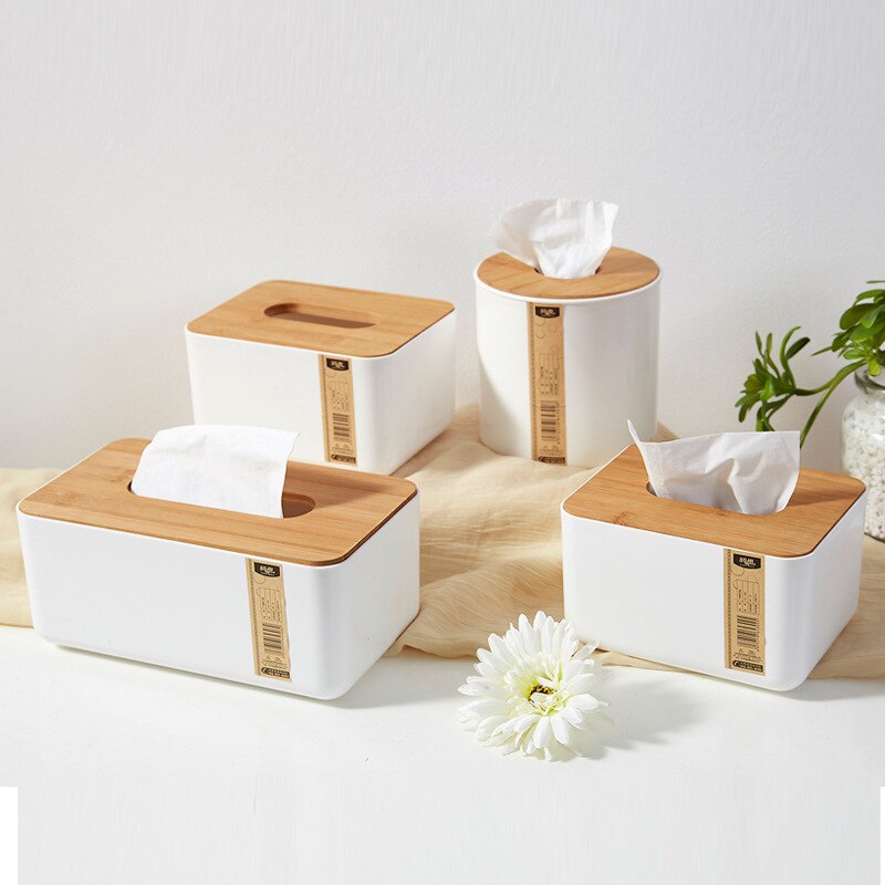 Boîte de rangement de mouchoirs en bois de bambou, boîte de rangement de mouchoirs en plastique rond pour salon hôtel bureau, porte-rouleau de papier toilette