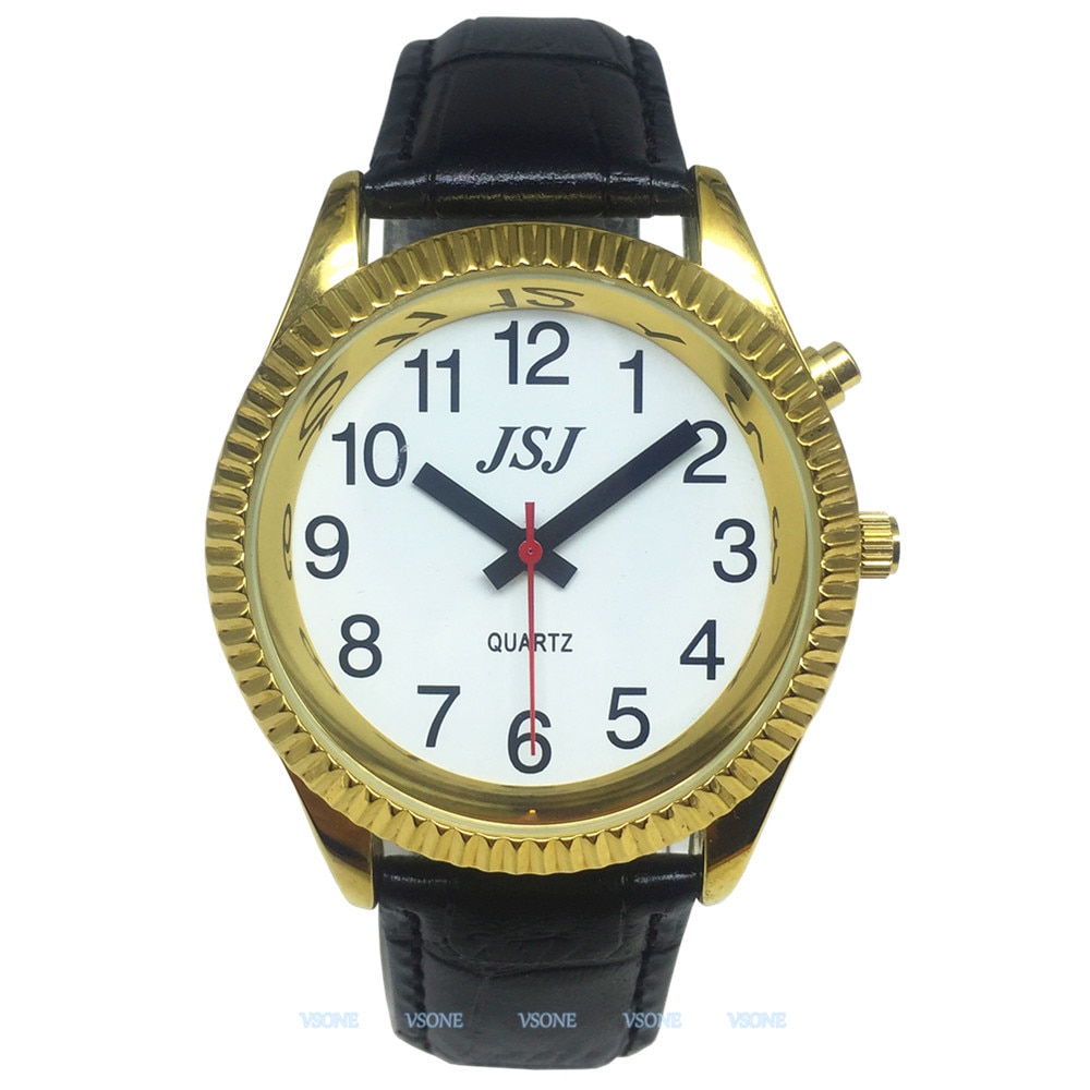 Spaanssprekend horloge met alarmfunctie, spreektijd, witte wijzerplaat, zwarte leren band, gouden kast  b4-g207w- ts