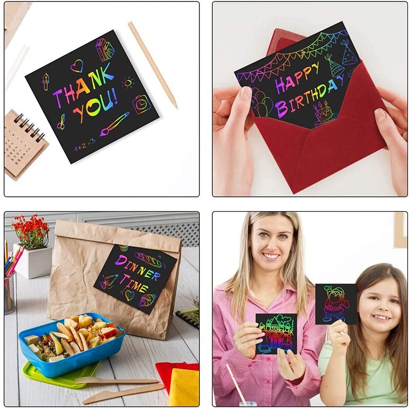 104 pcs mini rainbow scratch paper art craft kits kids diy drawing toy with graffiti stencil stylus scraping painting card