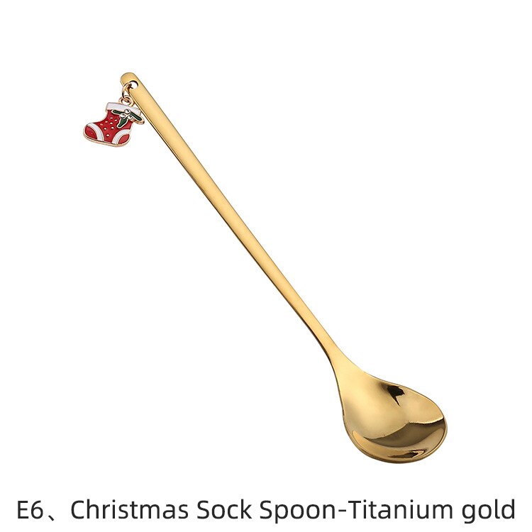 Christmas Spoon Vacuum Plating Stainless Steel Coffee Spoon Long Handle Tea Spoons Kitchen Drinking Flatware: E6
