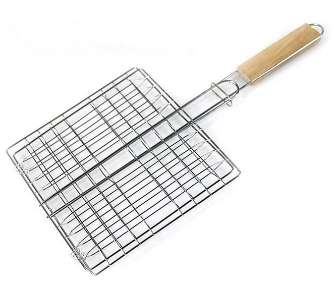 1pc rustfrie netting grille 2 jern fisk grille kurv stek mappe verktøy med tre håndtak utendørs grille verktøy  ok 0394