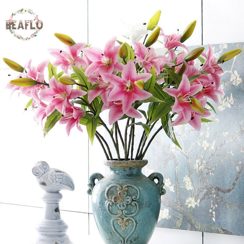 1pc silikon kunstig blomst 3 hoder lilje knopp med lang stang bukett for bryllup hjem fest hotell dekorative