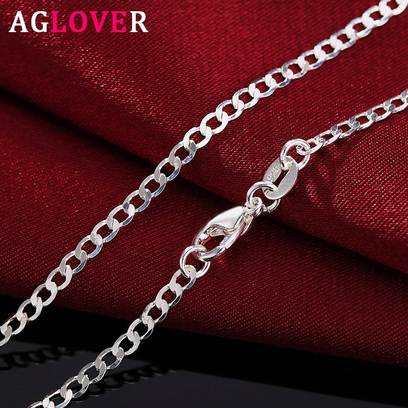 AGLOVER 925 Sterling Silver 16/18/20/22/24/26/28/30 Inch 2mm Side Chain Necklace For Woman Man Wedding Jewelry