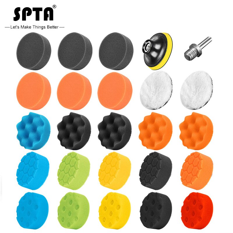 SPTA 22pcs Car Foam Drill Polishing Pad Kit,3inch Polishing Pads 16pcs Buffing Pads,Wool Pads,Multifunctional Cleaning Brush: 28Pcs 3Inch Sets / 2 Sets