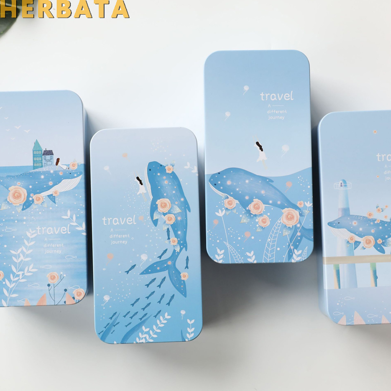 Student double deck storage box tin metal stationery estuche multifunction storage school supplies pencil case sea pen container