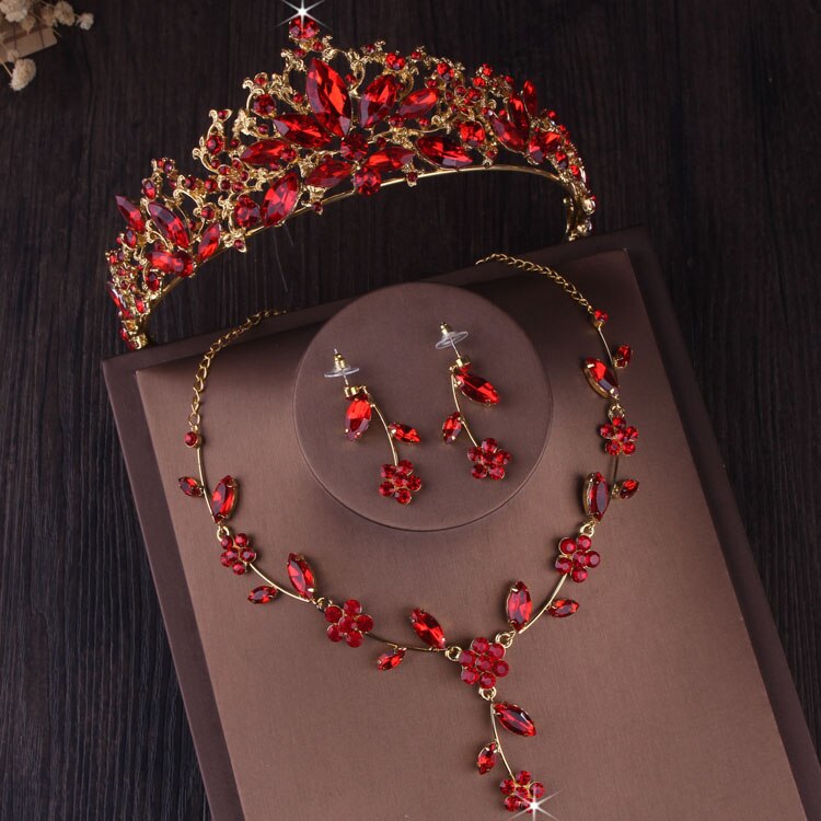 Barokke Vintage Bruiloft Kroon Tiara Goud Rode Kristal Bloem Bruids Sieraden Sets Afrikaanse Kralen Sieraden Set Oorbellen Ketting Set
