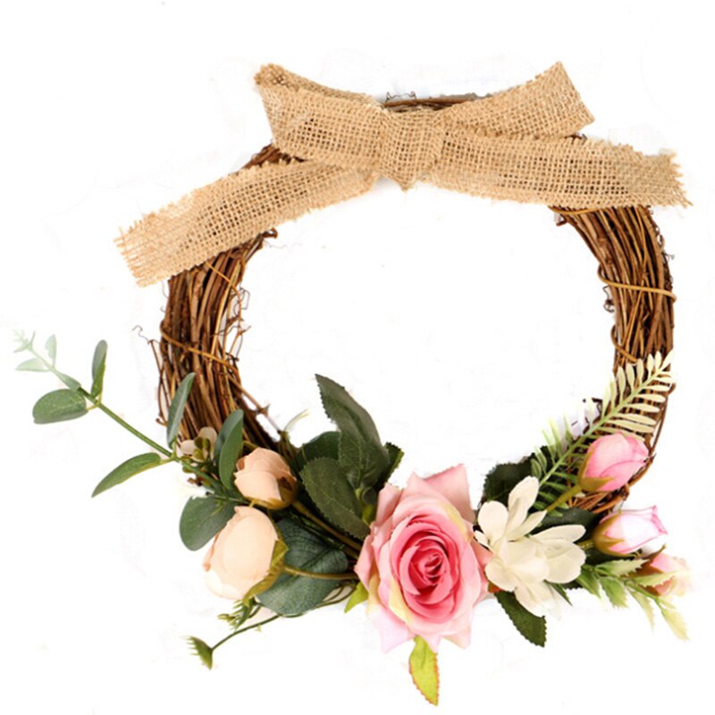 Home Decoration Garland Burlap Knot Artificial Rose Flower Wreath Hanging Wreath Front Door Window Wall Decor