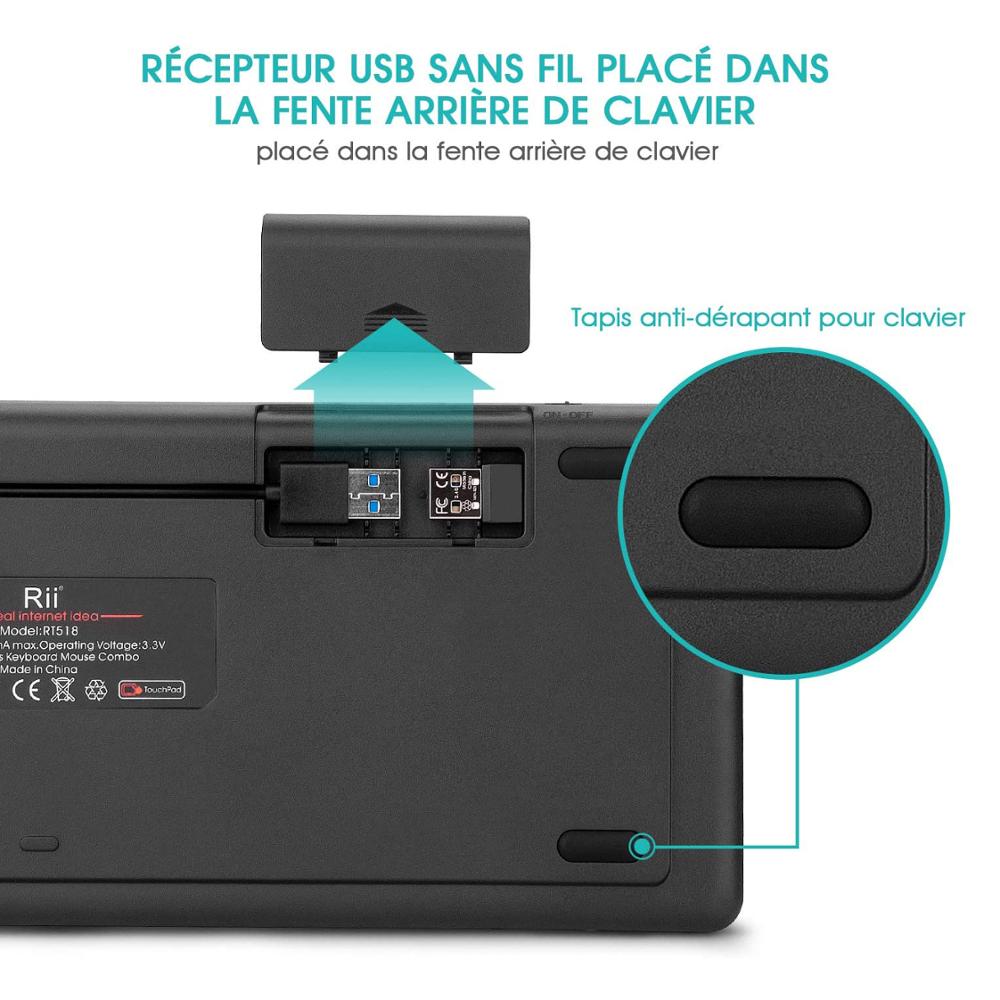 Rii K18 Plus Wireless Multimedia French AZERTY Keyboard 3-LED Color Backlit with Multi-Touch for TV Box,PC