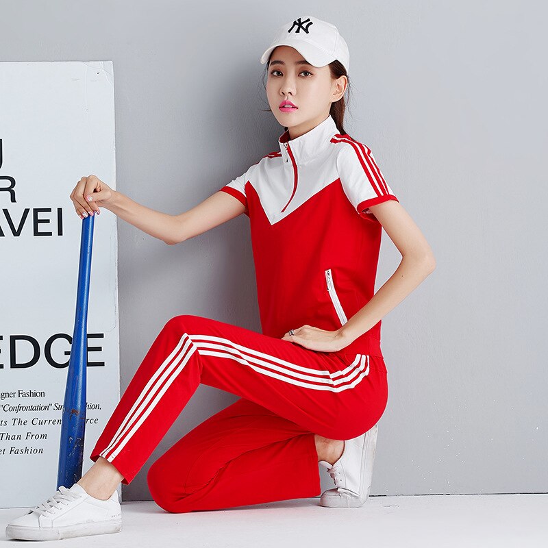 Zomer dames sportpak trainingspak katoen snel drogend sweatshirt + joggingbroek joggingbroek trainingsoutfit casual hardloopset sportkleding: Rood / 3xl