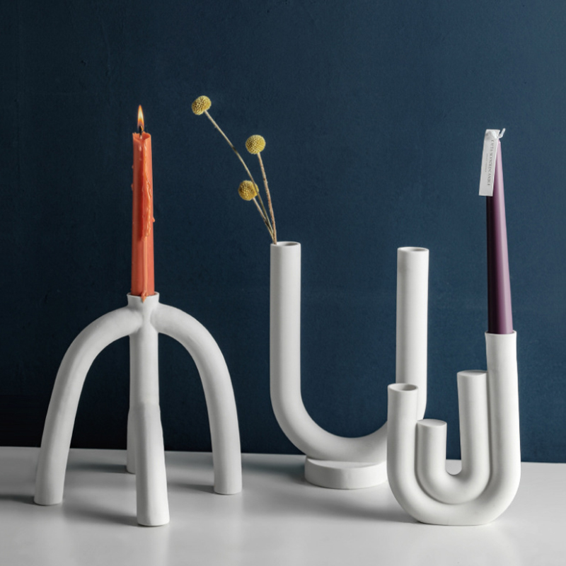 Candelabro de cerámica nórdico, portavelas blanco en forma de U, soporte de vela escandinavo para sala de estar, adorno para el hogar