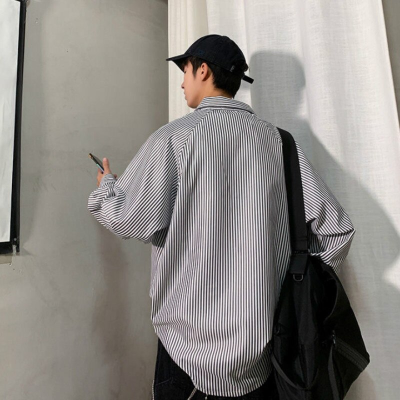 Men Shirts Striped Vintage All-match Korean Harajku Mens Simple Oversize Streetwear Leisure Male Outwear Ulzzang Loose BF