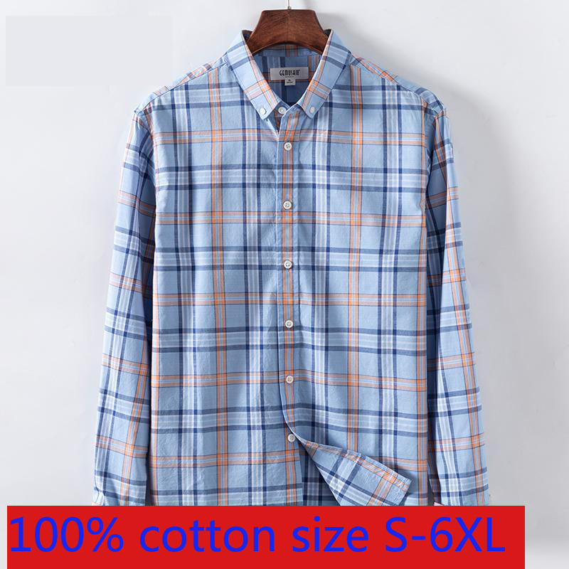 100%  bomulds herre langærmede store casual skjorter plaid herre plus størrelse s  -xl 2xl 3xl 4xl 5xl 6xl