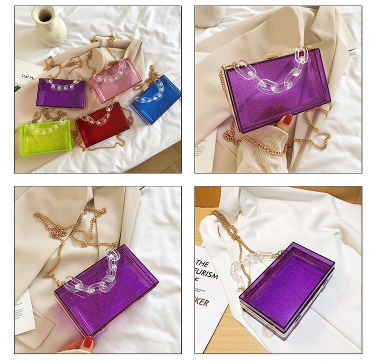 Moda clara lantejoulas acrílico caixa feminina crossbody saco transparente bolsas e bolsas corrente bolsa de ombro para mulher 2020 aba