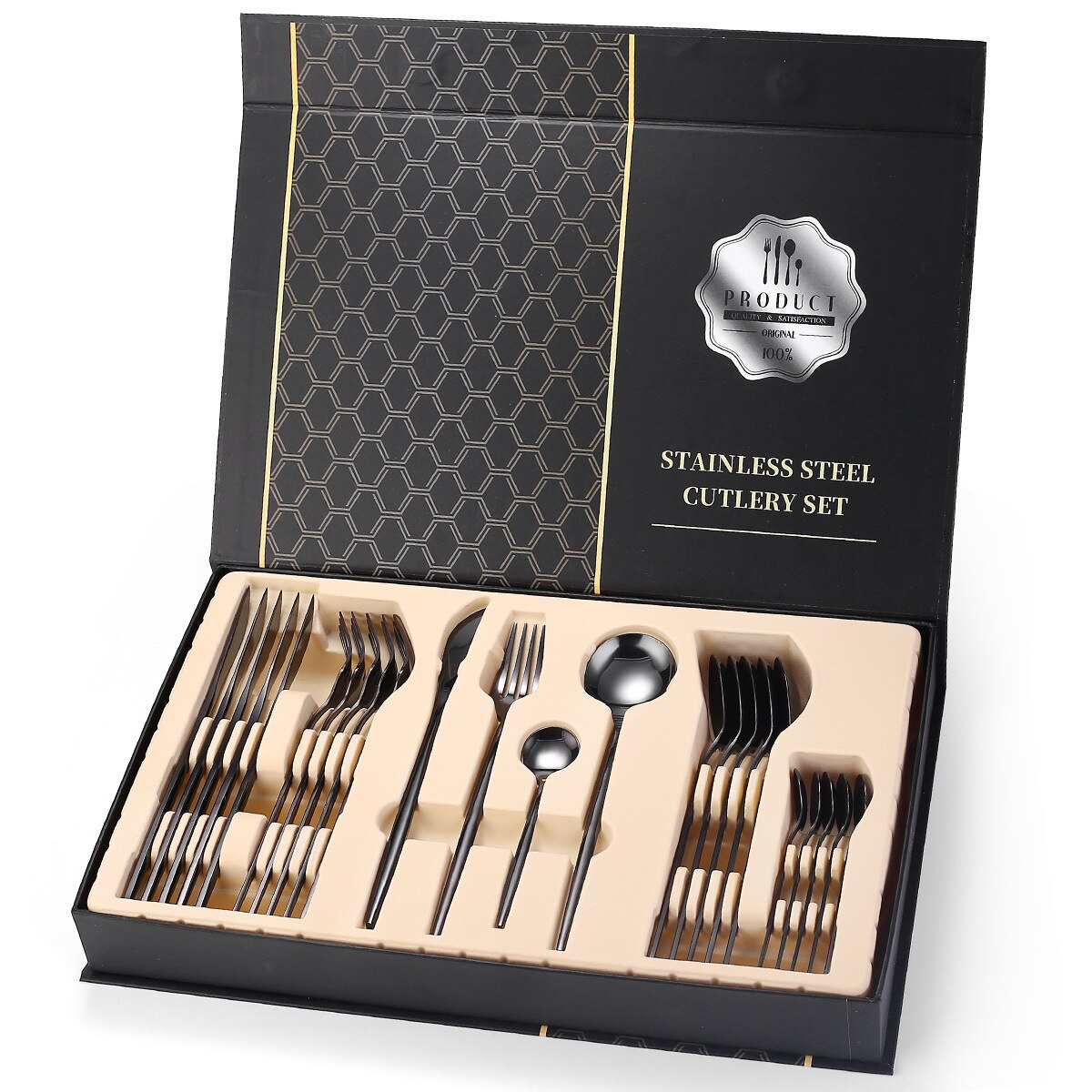 24pcs Gold Dinnerware Set Stainless Steel Mirror Cutlery Set Knife Fork Coffee Spoon Home Tableware Set Upscale Box: black