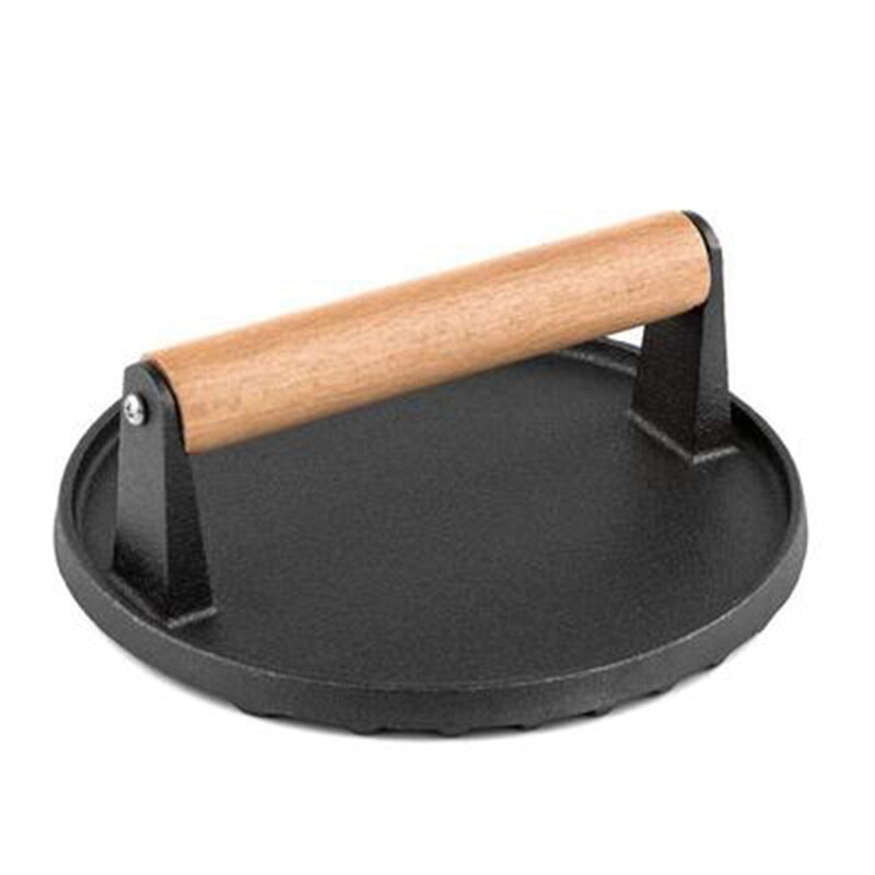 Round Big BBQ Tool Cast Iron Wooden Handle Steak Plate Meat Press Grill Fried Meat Squid Steak Barbecue Pressure Plate