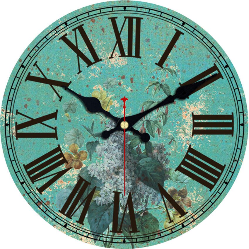 RIHE Green Fowers-Reloj de pared de cartón de madera, Vintage, reloj Retro europeo para decoración Chic de cafetería, oficina y hogar, 40CM