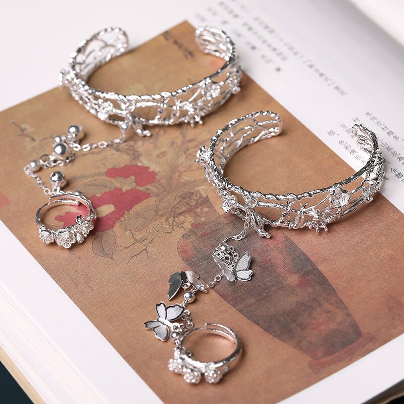 Chinese Butterfly Bells Ring Bracelet All-in-one Flower Bangle Charm Jewelry Silver Plated Bracelet Women Jewelry Accessories