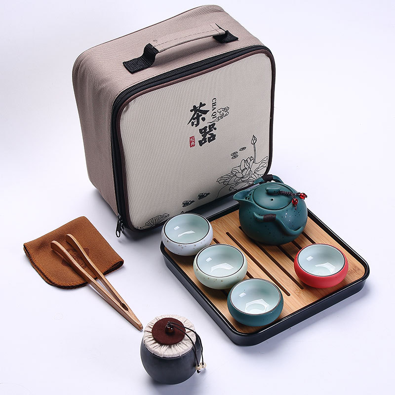 6Pcs Travel Tea Set Porcelain Double Wall Cup Flower Dragon Moutain Teapot Kung Fu Tea Set Teaware A