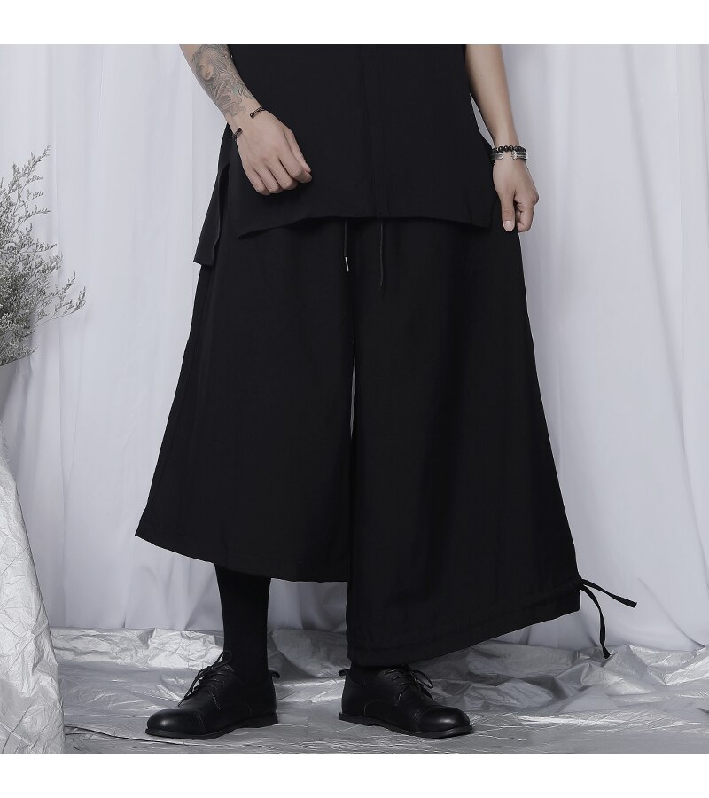 Originale afslappede bukser herre trendy personlighed yamamoto vind mørk asymmetrisk længde løse brede ben cropped bukser