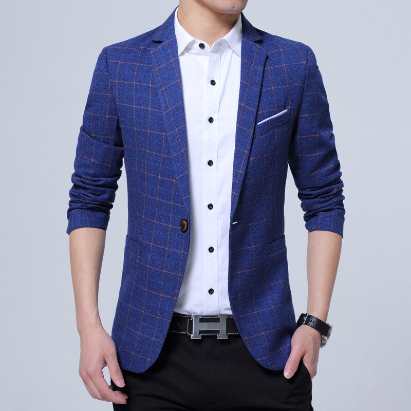 Men's Casual Suit Slim Business Jacket Men Casual Single Button Mens Suits Blazer Coat: Blue / M