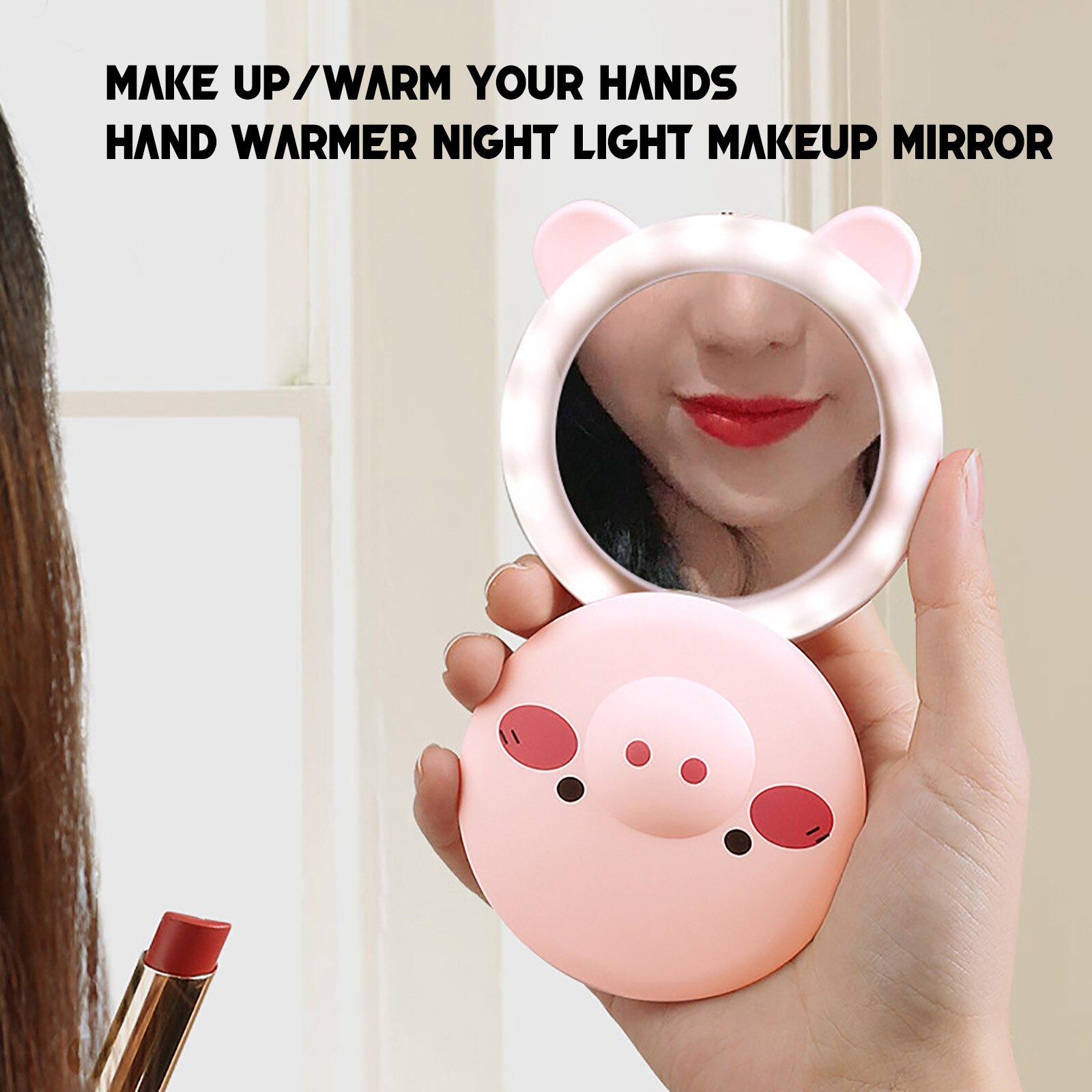 1pc 3 in 1 mini cosmetic mirror hand warmer pig-shaped hand warmer with LED light charging USB office mini hand warmer