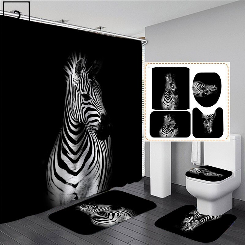 Animal Print Black Shower Curtains Lion Tiger 3D Bathroom Curtain Set Anti-slip Bath Mat Soft Toilet Lid Cover Home Rugs Carpets