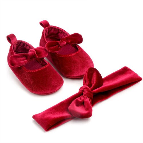 0-18M Princess Newborn Infant Baby Girls Shoes Velvet Red Christmas Baby Shoes Lightweight Soft Sole+Headband Dark Red/Dark Blue