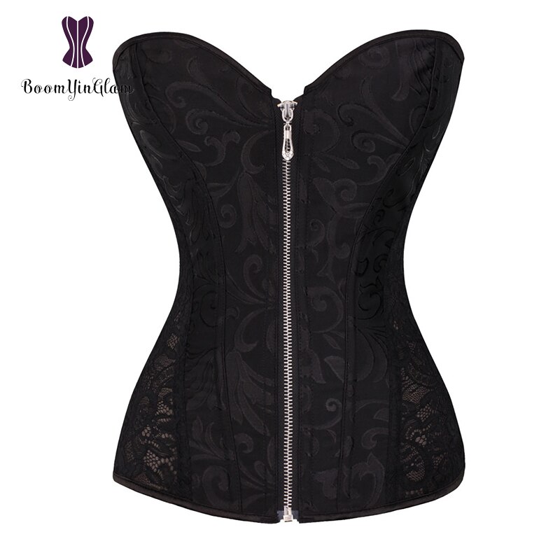 Steel Boned Corset Lace Transparent Corsets Overbust Korset Solid Black Beige White Jacquard Floral Bustier Front Zipper Gorset