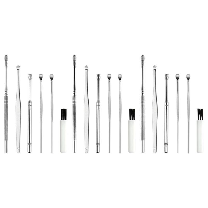 3 Sets Reinigingsborstel Oor Lepel Set Rvs Ear Wax Removal Tools Oor Picks Cleaning Brush Kit Professionele Oor wax