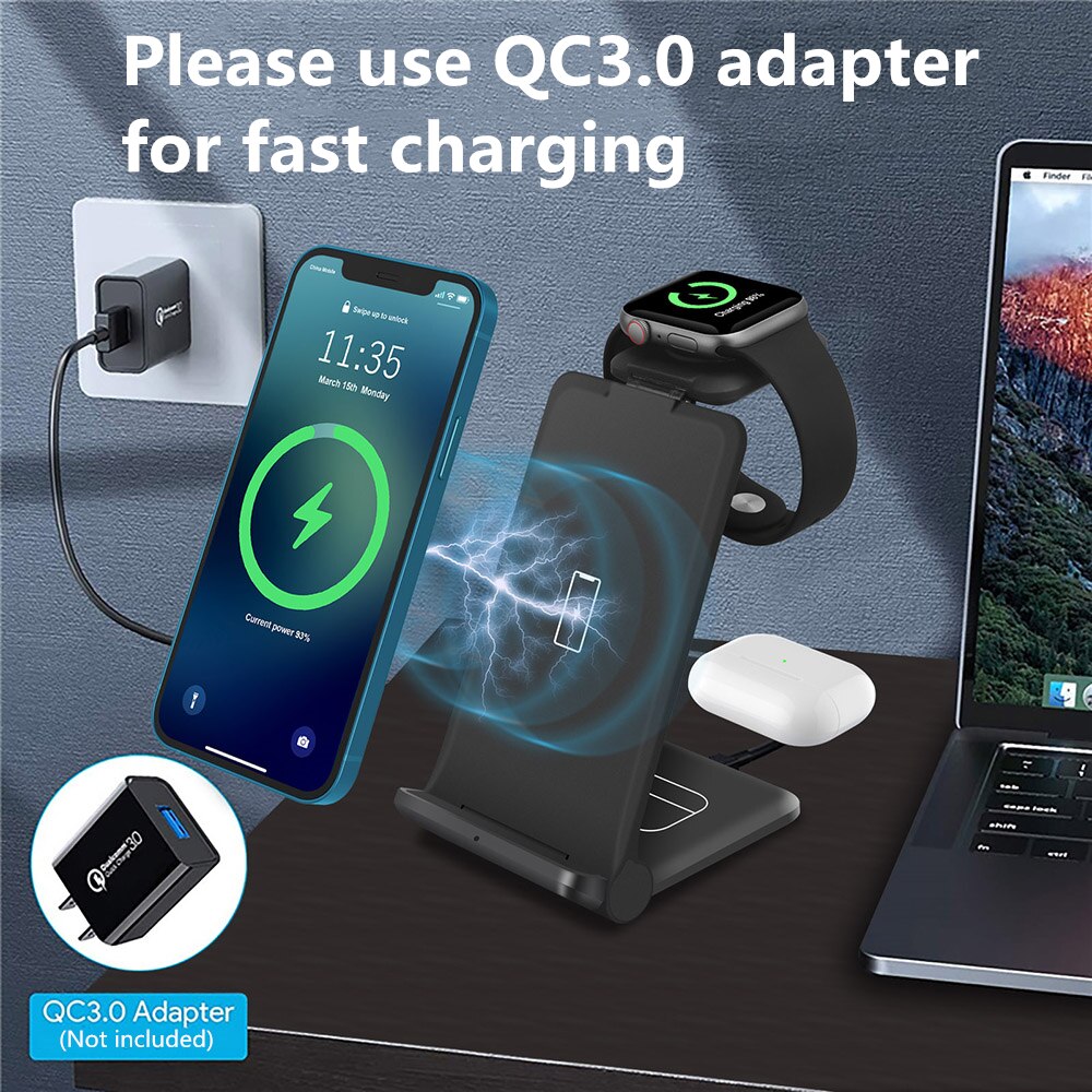 FDGAO-cargador inalámbrico Qi de 15W, estación de carga rápida para Apple Watch 7, 6, 5, 4, iPhone 13, 12, 11, XS, XR, X, 8, Airpods Pro