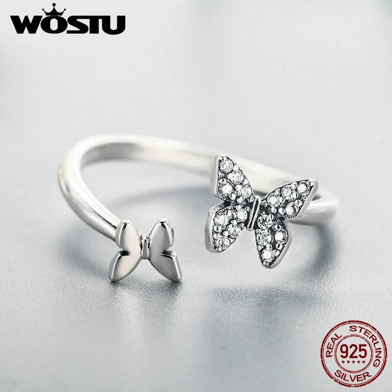 WOSTU 100% 925 Sterling Silver Dancing Butterflies Rings For Women S925 Jewelry CQR087