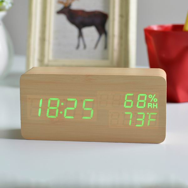 FiBiSonic Modern Simple LED Alarm Clock Temperature Humidity Show Clock Desktop Electronic Sound Control Digital Clocks Table De: bamboo green