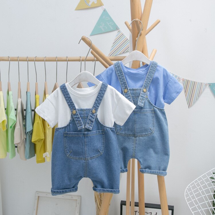 Baby kinderen overalls shorts casual koreaanse meisjes jumpsuit 1 2 3 4 5 jaar peuter jongens denim shorts grote zakken kind jeans