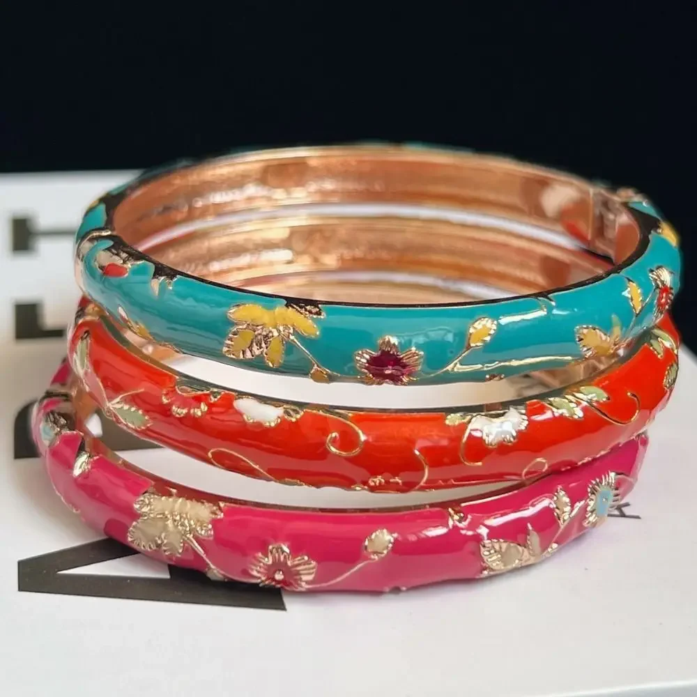 Emalje kinesisk cloisonné armbånd dobbelt armbånd kinesisk pæon filigran blomst armbånd traditionel vintage håndarmbånd