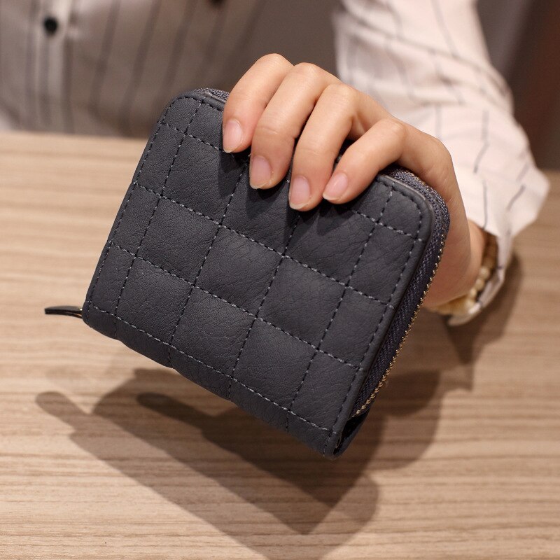 PU Leather Women Wallets Women Plaid Short Wallet Frosted Card Holder Wallet Woman Small Zip Wallet Coin Purse: Gray